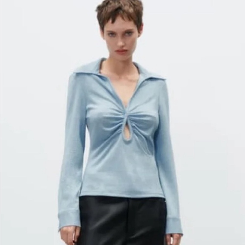 NWT ZARA OPEN DETAIL RUCHED TOP BLUE SIZE XS 4437/040/406